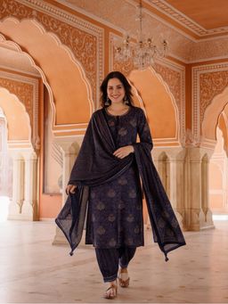 Jaipur Kurti - Women Navy Blue Floral Embroidered Straight Kurta with Salwar and Dupatta