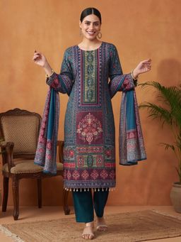 Jaipur Kurti - Women Teal Printed Straight Kurta with Pant and Dupatta