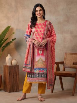 Jaipur Kurti - Women Yellow Printed Straight Kurta with Pant and Dupatta