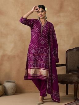 Jaipur Kurti - Women Purple Bandhani Embroidered Straight Kurta with Pant and Dupatta