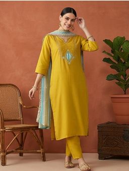 Jaipur Kurti - Women Yellow Embroidered Straight Kurta with Pant and Dupatta