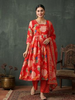 Jaipur Kurti - Women Red Floral Printed Flared Kurta with Pant and Dupatta