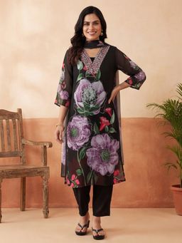 Jaipur Kurti - Women Black Floral Embroidered Straight Kurta with Pant and Dupatta