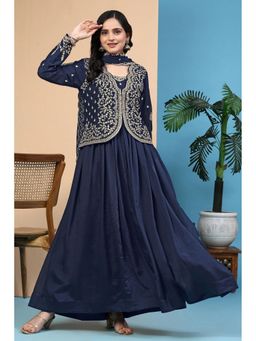 Trendmalls - Women Blue Anarkali Kurta Shrug With Pant And Dupatta