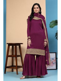 Trendmalls - Women Wine Art Silk Embroidered Kurta with Sharara and Dupatta