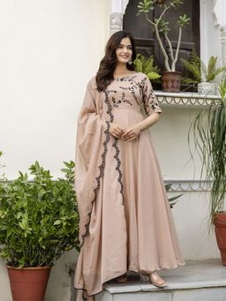 Trendmalls - Women Beige Anarkali Kurta With Pant And Dupatta