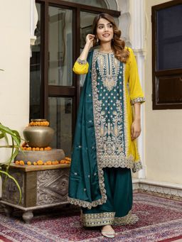 Trendmalls - Women Yellow Art Silk Embroidered Kurta with Sharara and Dupatta