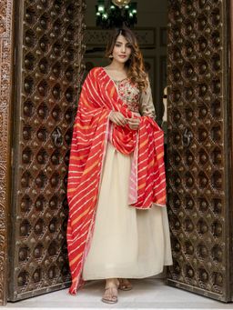 Trendmalls - Women Beige Anarkali Kurta With Pant And Dupatta