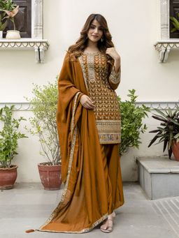 Trendmalls - Women Mustard Art Silk Embroidered Kurta with Sharara and Dupatta
