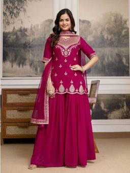 Trendmalls - Women Pink Georgette Embroidered Kurta with Sharara and Dupatta