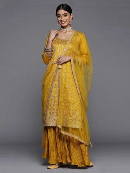 Trendmalls - Women Yellow Art Silk Floral Kurta with Sharara and Dupatta