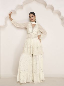 Trendmalls - Women Off White Georgette Floral Kurta with Sharara and Dupatta