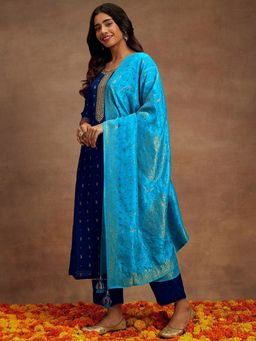 Trendmalls - Women Navy Blue Jacquard Embroidered Kurta with Sharara and Dupatta