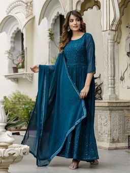 Trendmalls - Women Teal Anarkali Kurta With Pant And Dupatta