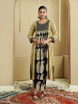 Indisangam - Women Green Cotton Abstract Kurta
