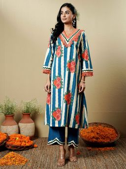 Indisangam - Women Blue Cotton Stripes Kurta
