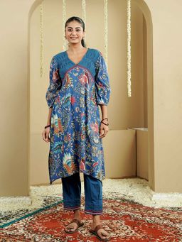 Indisangam - Women Blue Cotton Floral Kurta
