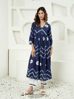 Indisangam - Women Blue Cotton Geometric Kurta