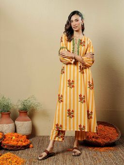 Indisangam - Women Mustard Cotton Stripes Kurta