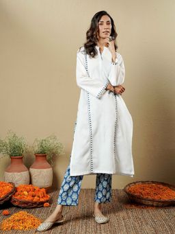 Indisangam - Women White Cotton Embroidered Kurta
