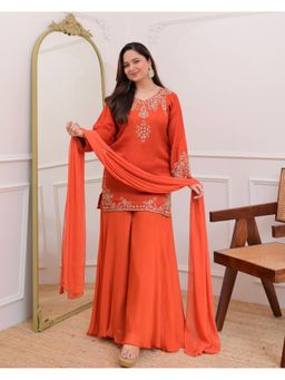FAST FASHIONS - Women Orange Chanderi Embroidered Kurta with Palazzo and Dupatta