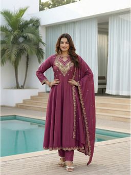 FAST FASHIONS - Women Purple Viscose Rayon Embroidered Anarkali Kurta with Pant and Dupatta