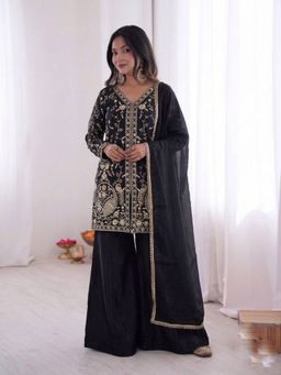 FAST FASHIONS - Women Black Silk Blend Embroidered Top with Palazzo and Dupatta
