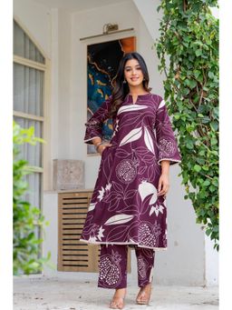 JAIPUR SARAI - Women Leaf Printed Wine Pure Cotton Co-Ord Set