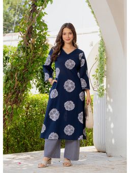 JAIPUR SARAI - Women Blue Floral Printed Pure Cotton Kurta with Palazzos
