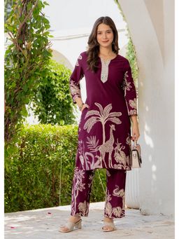 JAIPUR SARAI - Women Wine Ethnic Motifs Printed Thread Work Pure Cotton Co-Ord Set