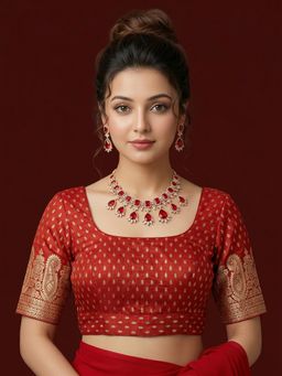 Niraha - Women Brocade Silk Woven Ethnic Red Stitched Blouse