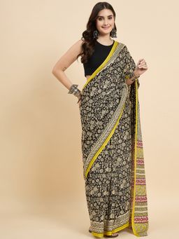 KVS FAB - Women Black Cotton Blend Floral Saree with Unstitched Blouse