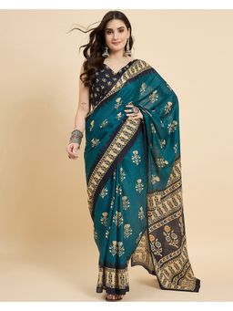 KVS FAB - Women Beige Cotton Blend Floral Saree with Unstitched Blouse