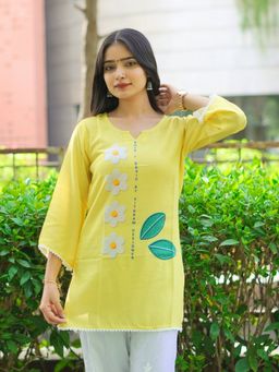 ESTELA - Women Yellow Rayon Floral Kurta
