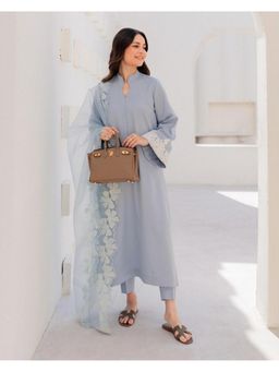 FAST FASHIONS - Women Grey Chanderi Embroidered Kurta with Trouser and Dupatta