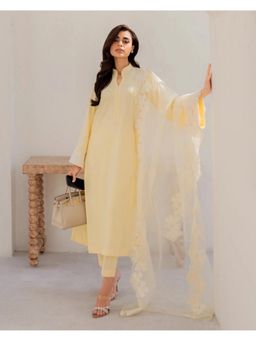 FAST FASHIONS - Women Yellow Chanderi Embroidered Kurta with Trouser and Dupatta