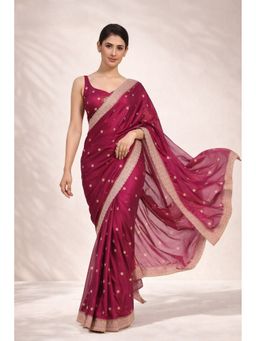 KAYOMMI - Women Magenta Satin Embroidered Pre Draped Saree with Unstitched Blouse