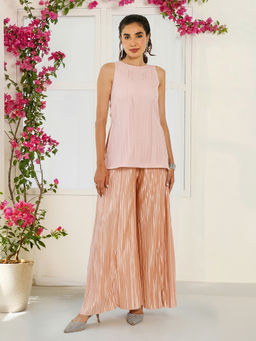 Qissa - Women Light Pink Textured Sleeveless Tunic Top With Pleated Palazzo