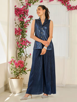 Qissa - Women Navy Blue Sequined Sleeveless Top With Pleated Palazzo