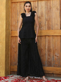 Qissa - Women Black Textured Sleeveless Ruffle Top With Wide-Leg Palazzo