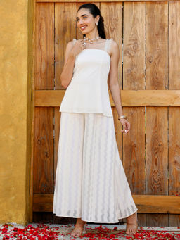 Qissa - Women Off White Self-Design Ruffle Strap Top With Palazzo