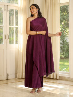 Qissa - Women Wine Pleated One-Shoulder Asymmetric Top With Palazzo