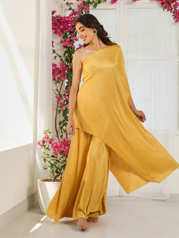 Qissa - Women Mustard Pleated One-Shoulder Top With Palazzo
