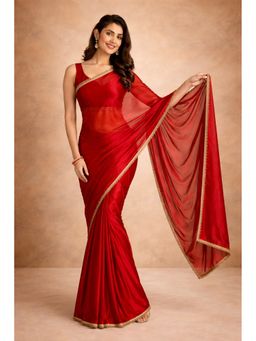 KAYOMMI - Women Red Satin Solid Pre Draped Saree with Unstitched Blouse