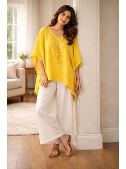 WE'AVE BY SHUBHKARI - Women Yellow Rayon Slub Embellished Kaftan with Pant