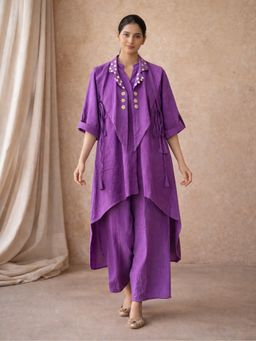 WE'AVE BY SHUBHKARI - Women Purple Rayon Slub Embellished Kurta with Jacket and Pant