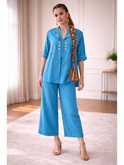 WE'AVE BY SHUBHKARI - Women Blue Rayon Slub Embellished Shirt with Jacket and Pant