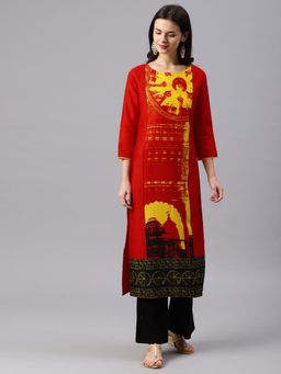 Vaamsi - Women Red Crepe Printed Straight Kurta