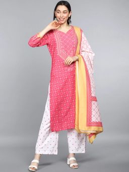 Vaamsi - Women Pink Polyester Printed Straight Kurta Palazzo with Dupatta (Set of 3)