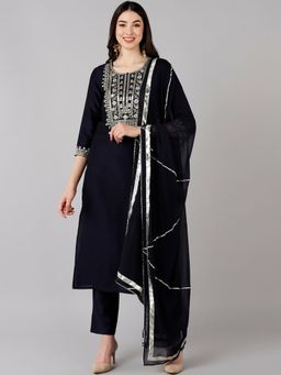 Vaamsi - Women Navy Blue Polyester Yoke Design Straight Kurta Trouser with Dupatta (Set of 3)